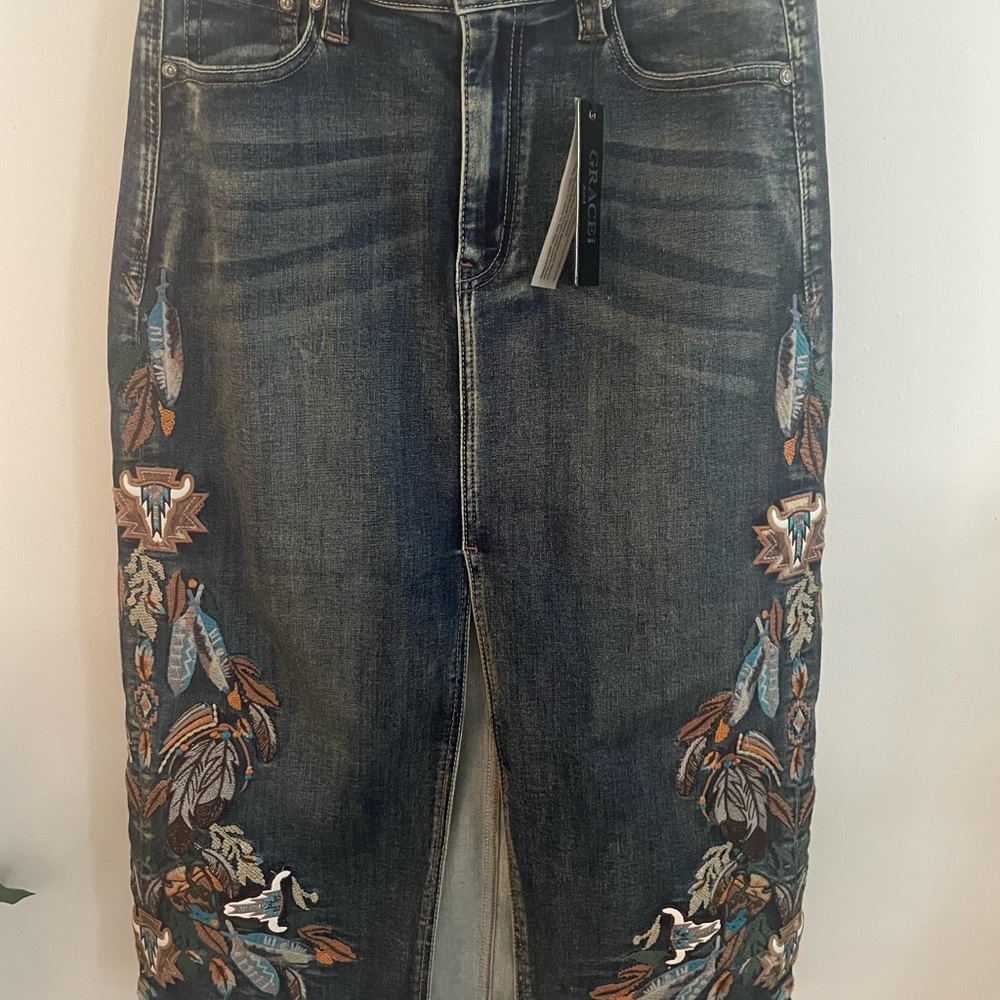 Grace Blue Denim Skirt with Embroidery